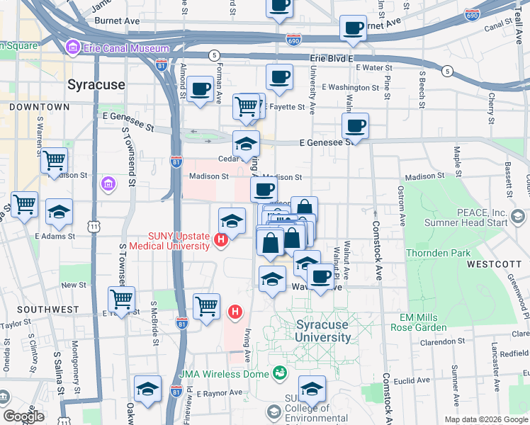 map of restaurants, bars, coffee shops, grocery stores, and more near 601 Irving Avenue in Syracuse