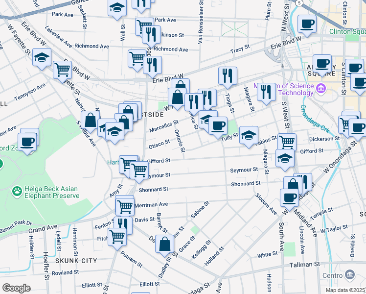 map of restaurants, bars, coffee shops, grocery stores, and more near 710 Tully Street in Syracuse