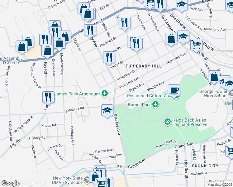 map of restaurants, bars, coffee shops, grocery stores, and more near 205 South Avery Avenue in Syracuse