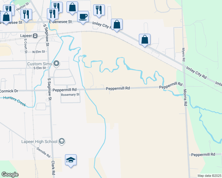 map of restaurants, bars, coffee shops, grocery stores, and more near 431-521 Peppermill Road in Lapeer