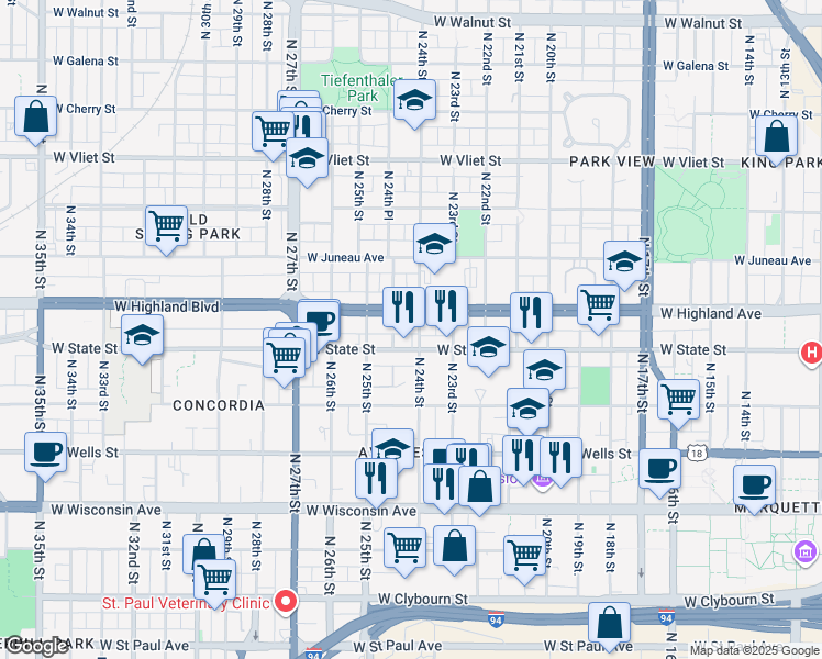 map of restaurants, bars, coffee shops, grocery stores, and more near 2417 West Highland Avenue in Milwaukee