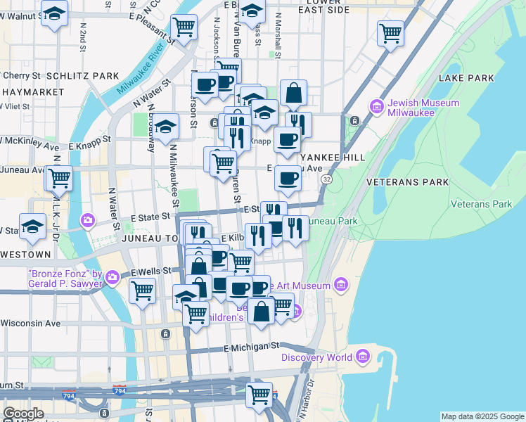map of restaurants, bars, coffee shops, grocery stores, and more near 803-811 East State Street in Milwaukee