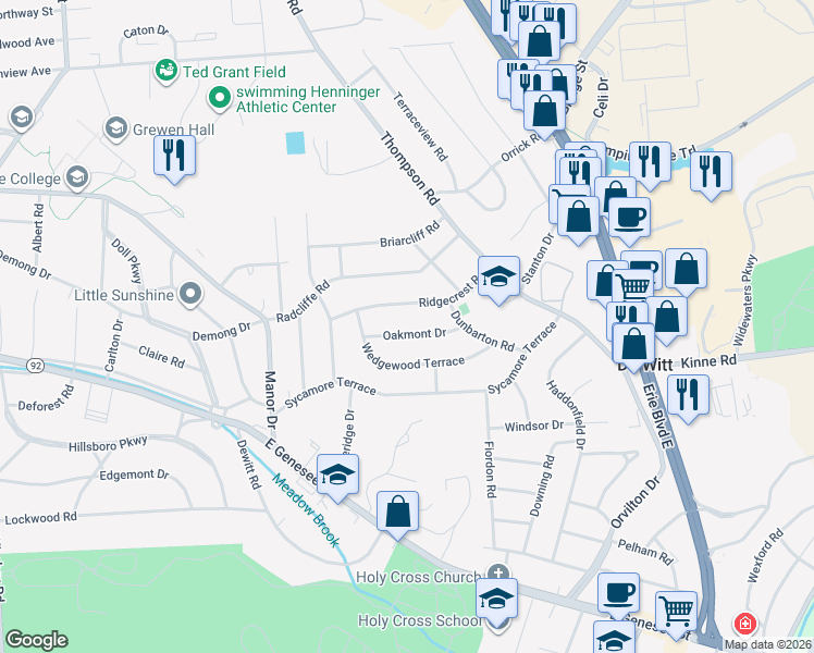 map of restaurants, bars, coffee shops, grocery stores, and more near 212 Oakmont Drive in Syracuse