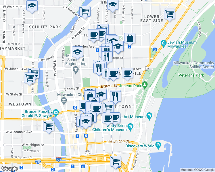 map of restaurants, bars, coffee shops, grocery stores, and more near N Van Buren St & E State St in Milwaukee