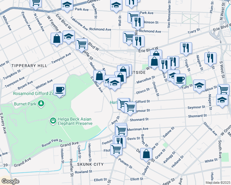 map of restaurants, bars, coffee shops, grocery stores, and more near 227 Magnolia Street in Syracuse