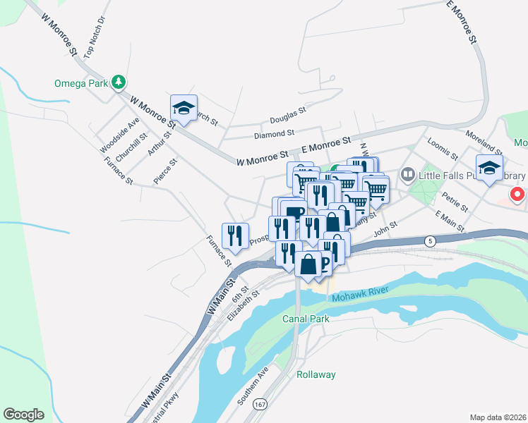 map of restaurants, bars, coffee shops, grocery stores, and more near 75 Church Street in Little Falls