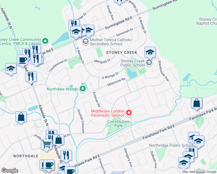 map of restaurants, bars, coffee shops, grocery stores, and more near 1814 Milestone Road in London