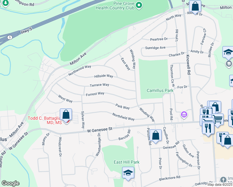 map of restaurants, bars, coffee shops, grocery stores, and more near 156 Terrace Way in Camillus