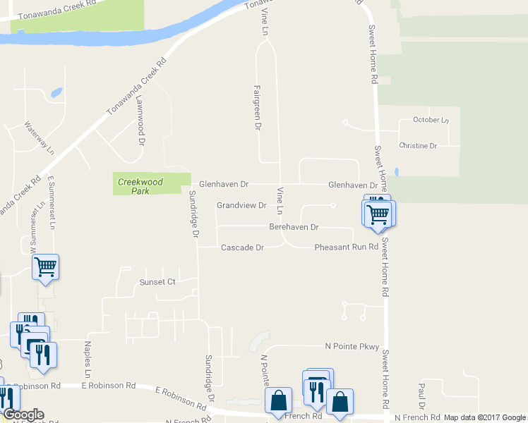 map of restaurants, bars, coffee shops, grocery stores, and more near 149 Grandview Drive in Buffalo