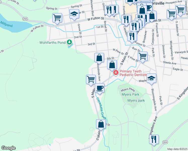 map of restaurants, bars, coffee shops, grocery stores, and more near 27 Woodside Avenue in Gloversville