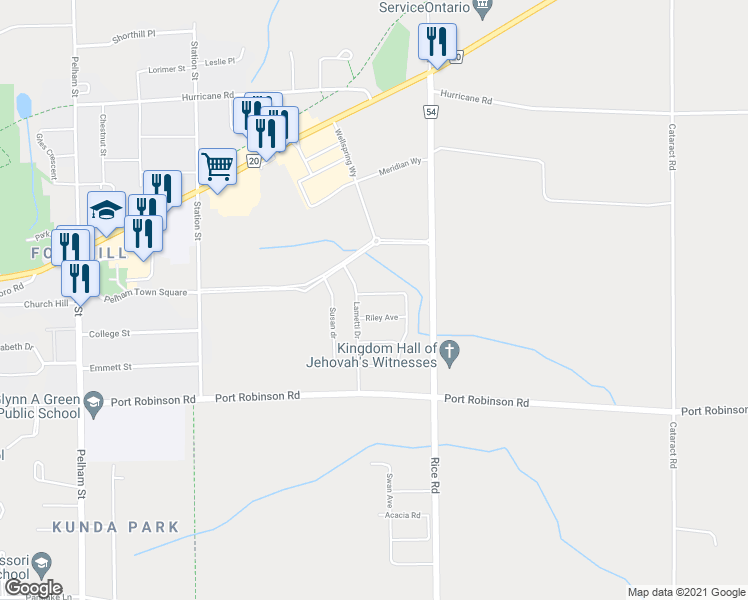 map of restaurants, bars, coffee shops, grocery stores, and more near 75 Bergenstein Crescent in Pelham