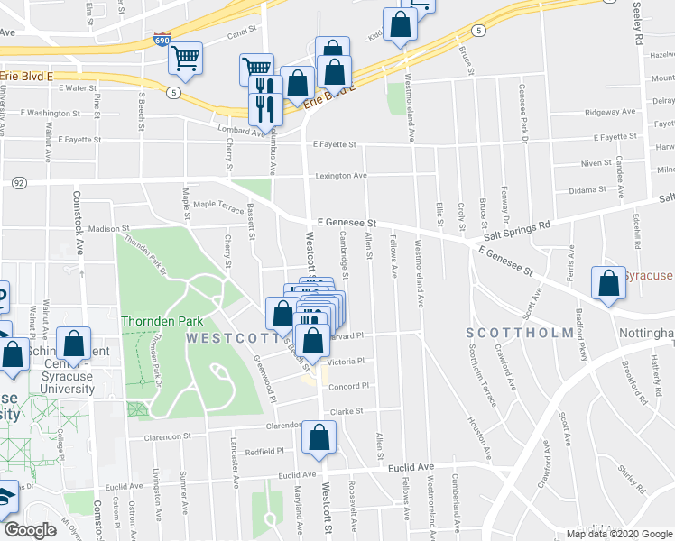 map of restaurants, bars, coffee shops, grocery stores, and more near 156 Cambridge Street in Syracuse