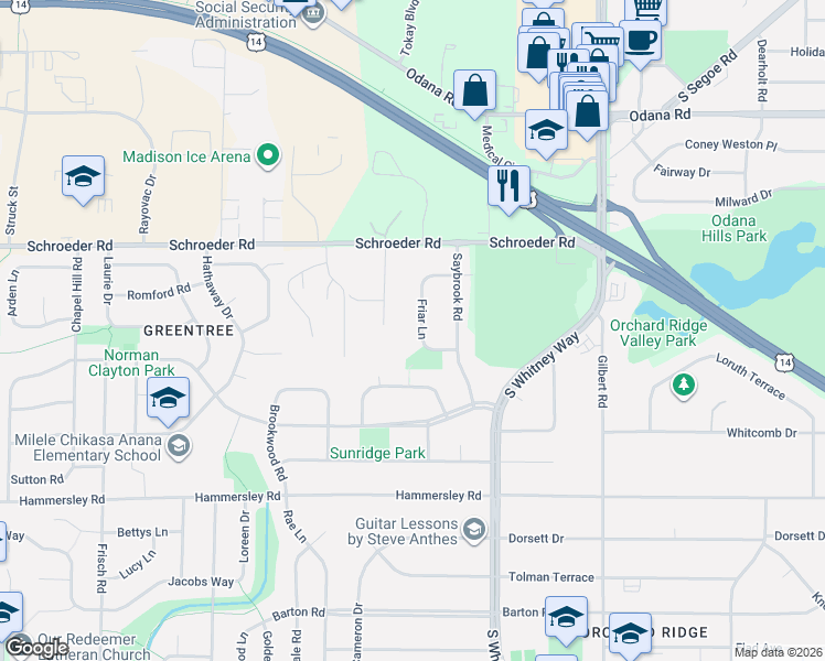map of restaurants, bars, coffee shops, grocery stores, and more near 1026 Friar Ln in Madison