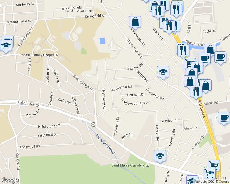 map of restaurants, bars, coffee shops, grocery stores, and more near 231 Ridgecrest Road in Syracuse