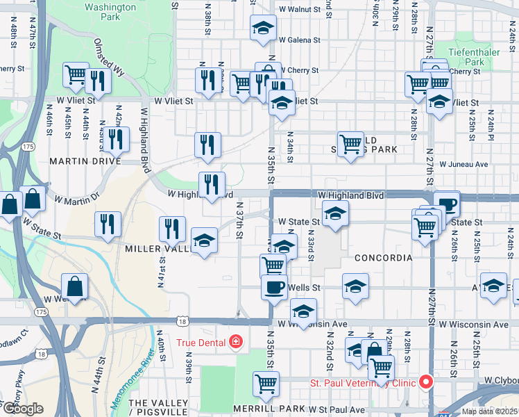 map of restaurants, bars, coffee shops, grocery stores, and more near 3522 West Linden Place in Milwaukee