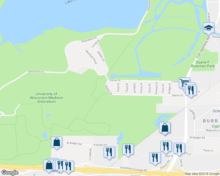 map of restaurants, bars, coffee shops, grocery stores, and more near 2218 Martin Street in Madison