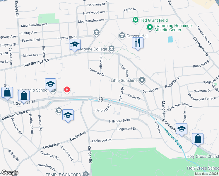 map of restaurants, bars, coffee shops, grocery stores, and more near 210 Deforest Road in Syracuse