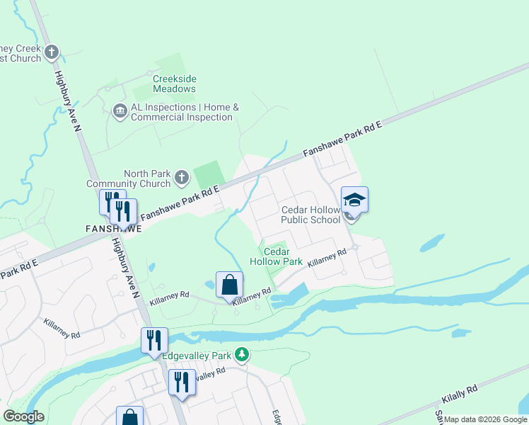 map of restaurants, bars, coffee shops, grocery stores, and more near 1707 Aukett Drive in London