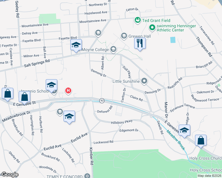 map of restaurants, bars, coffee shops, grocery stores, and more near 210 Deforest Road in Syracuse