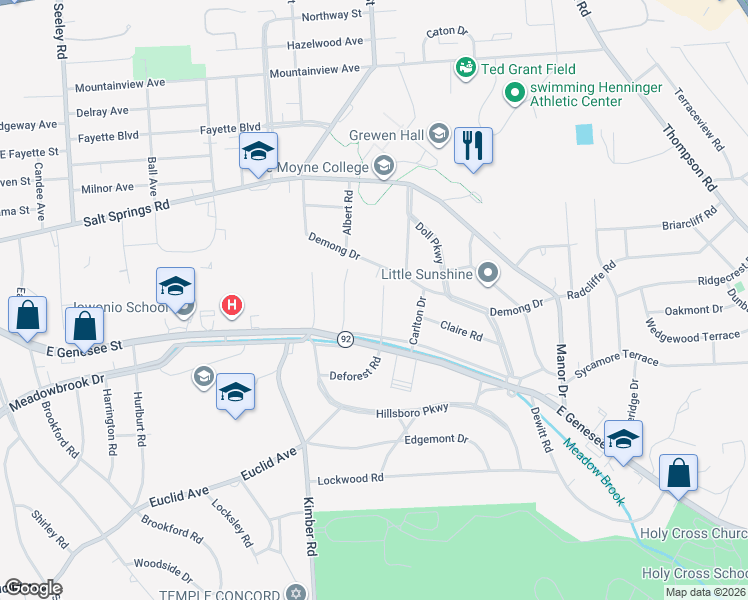 map of restaurants, bars, coffee shops, grocery stores, and more near 210 Deforest Road in Syracuse