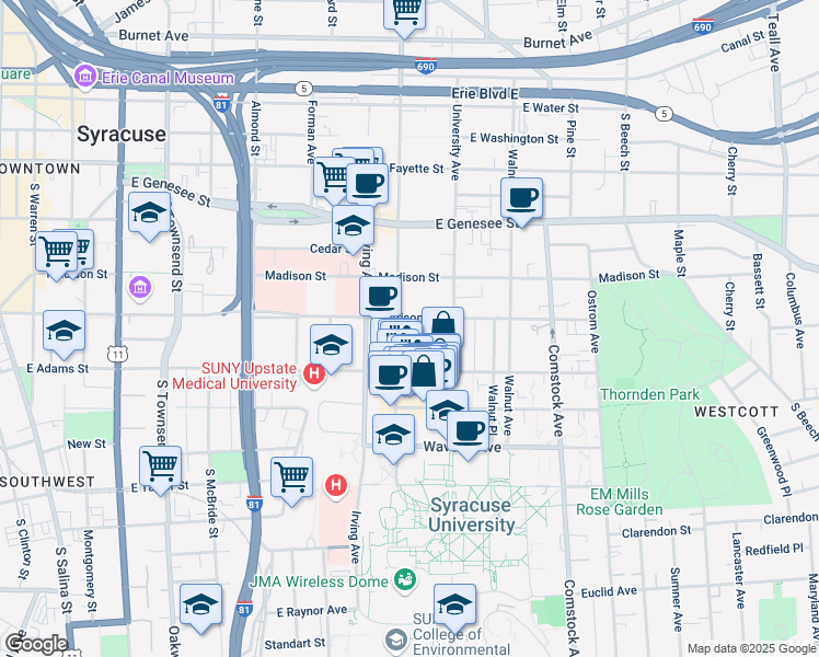 map of restaurants, bars, coffee shops, grocery stores, and more near 908 Harrison Street in Syracuse