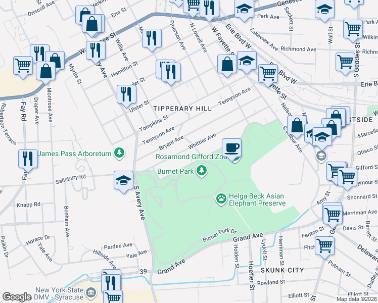 map of restaurants, bars, coffee shops, grocery stores, and more near 415 Whittier Avenue in Syracuse