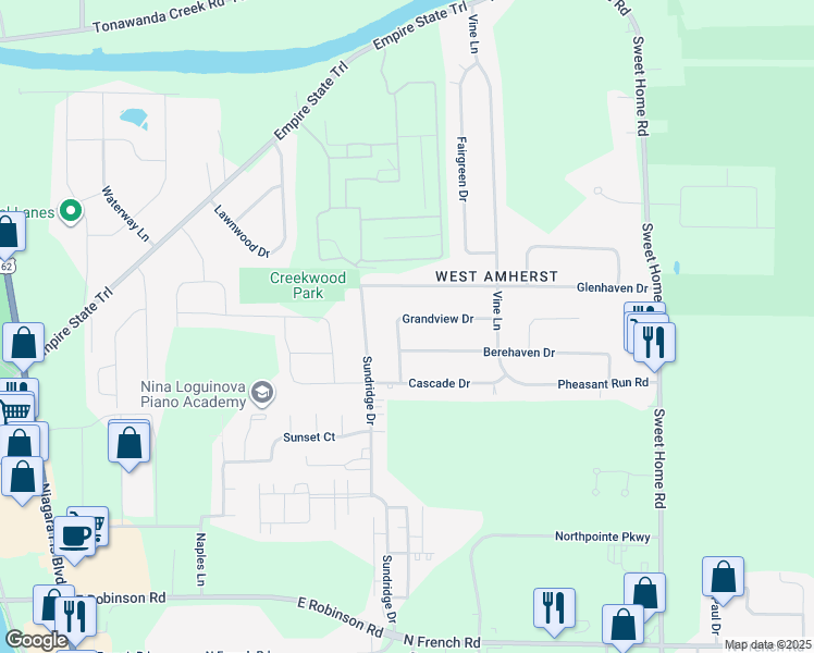map of restaurants, bars, coffee shops, grocery stores, and more near 60 Grandview Drive in Buffalo