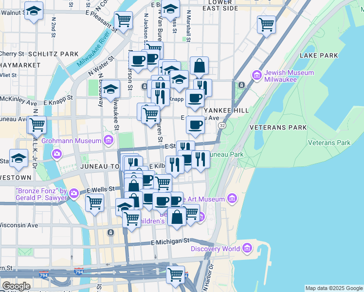 map of restaurants, bars, coffee shops, grocery stores, and more near 812 East State Street in Milwaukee