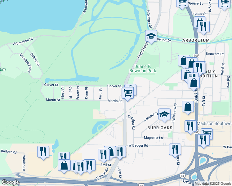 map of restaurants, bars, coffee shops, grocery stores, and more near 2026 Fish Hatchery Road in Madison