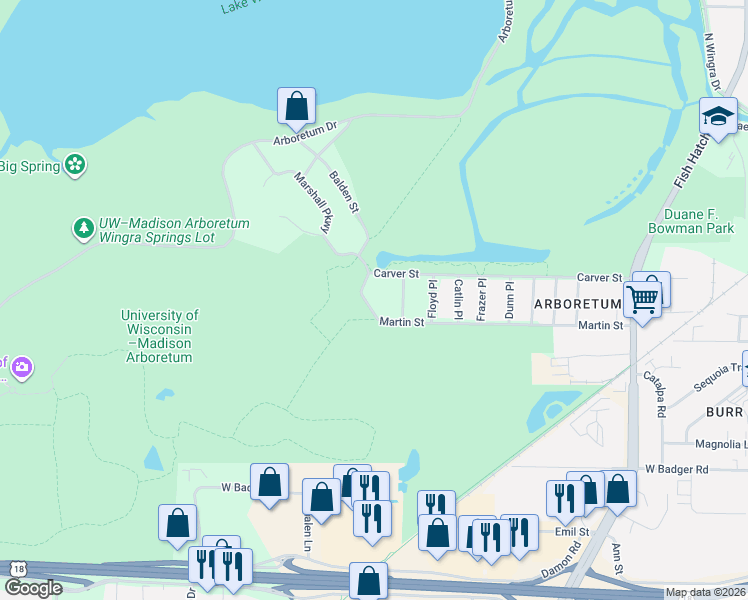 map of restaurants, bars, coffee shops, grocery stores, and more near 2218 Martin Street in Madison