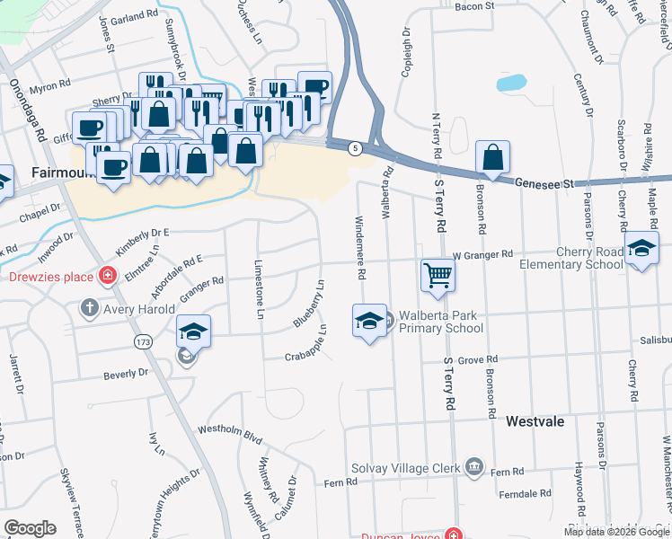 map of restaurants, bars, coffee shops, grocery stores, and more near 505 West Granger Road in Syracuse