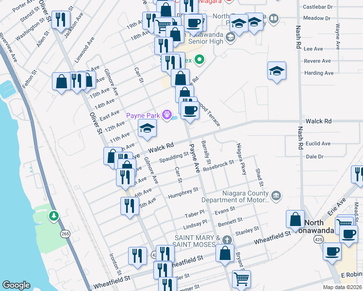 map of restaurants, bars, coffee shops, grocery stores, and more near 261 Walck Road in North Tonawanda