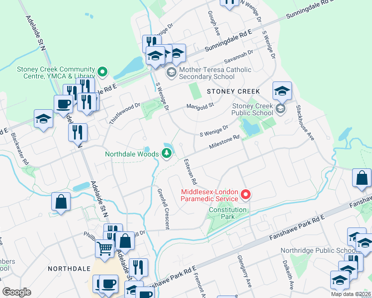 map of restaurants, bars, coffee shops, grocery stores, and more near 1728 Estevan Road in London
