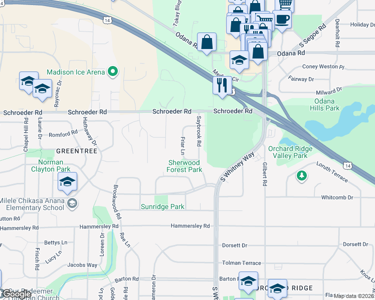 map of restaurants, bars, coffee shops, grocery stores, and more near 1022 Saybrook Road in Madison