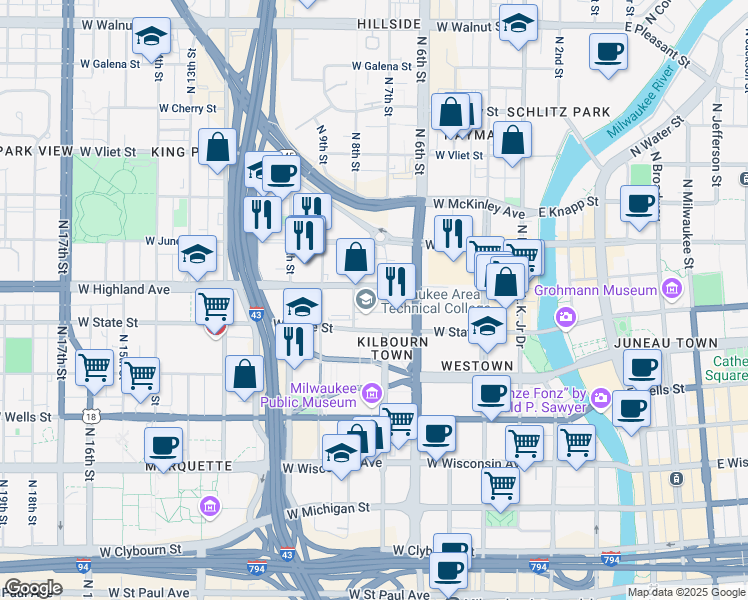 map of restaurants, bars, coffee shops, grocery stores, and more near 1036 North 8th Street in Milwaukee