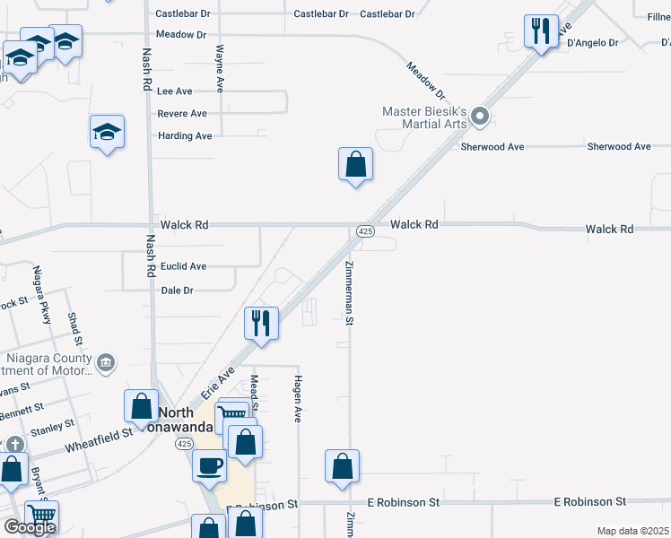map of restaurants, bars, coffee shops, grocery stores, and more near 839 Erie Avenue in North Tonawanda
