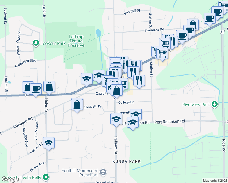 map of restaurants, bars, coffee shops, grocery stores, and more near 1961 Church Hill in Pelham