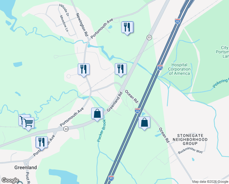 map of restaurants, bars, coffee shops, grocery stores, and more near 42 Ocean Road in Greenland