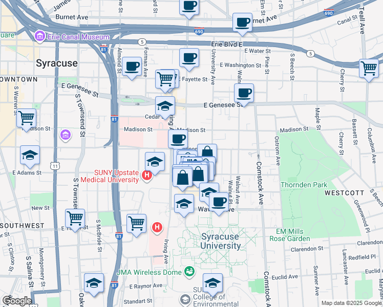 map of restaurants, bars, coffee shops, grocery stores, and more near 601 South Crouse Avenue in Syracuse