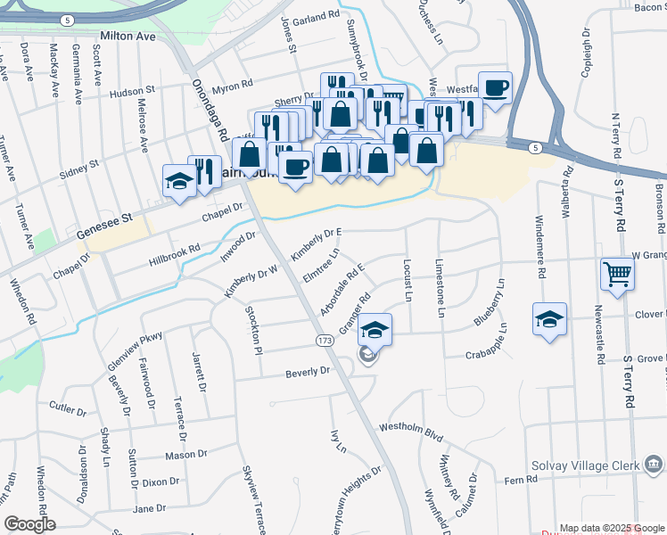 map of restaurants, bars, coffee shops, grocery stores, and more near 110 Elmtree Lane in Syracuse