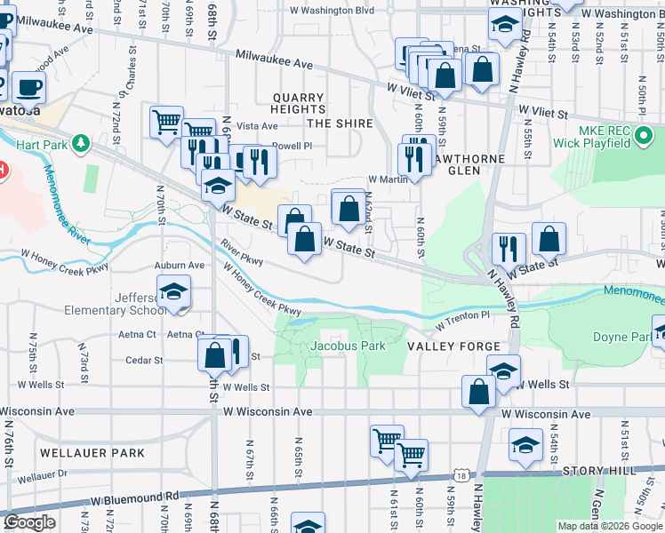 map of restaurants, bars, coffee shops, grocery stores, and more near 6400 River Parkway in Wauwatosa