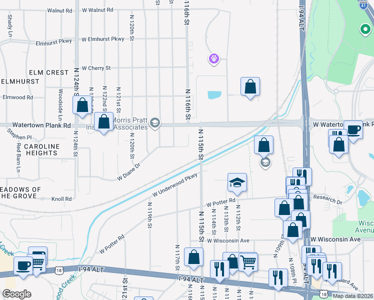 map of restaurants, bars, coffee shops, grocery stores, and more near 11603 West Diane Drive in Wauwatosa