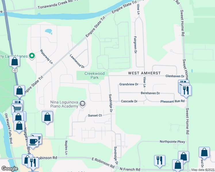 map of restaurants, bars, coffee shops, grocery stores, and more near 324 Sundridge Drive in Buffalo