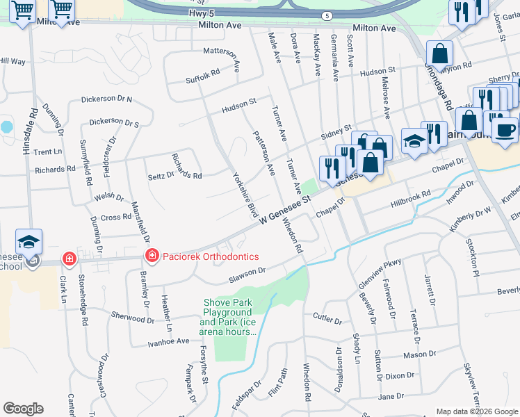 map of restaurants, bars, coffee shops, grocery stores, and more near 102 Yorkshire Boulevard in Syracuse