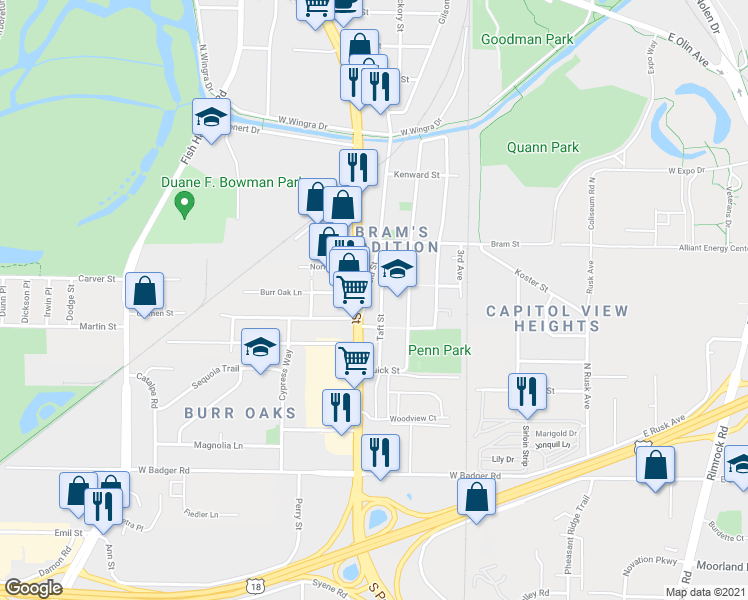 map of restaurants, bars, coffee shops, grocery stores, and more near 2015 South Park Street in Madison