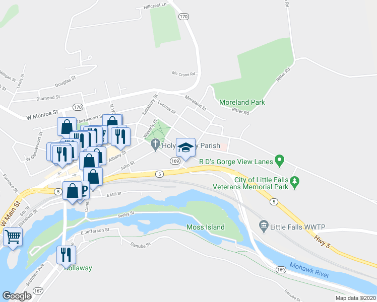 map of restaurants, bars, coffee shops, grocery stores, and more near 44 Petrie Street in Little Falls