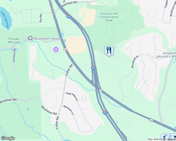 map of restaurants, bars, coffee shops, grocery stores, and more near 1250 Pittsford Victor Road in Pittsford