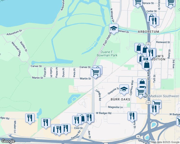 map of restaurants, bars, coffee shops, grocery stores, and more near 2026 Fish Hatchery Road in Madison