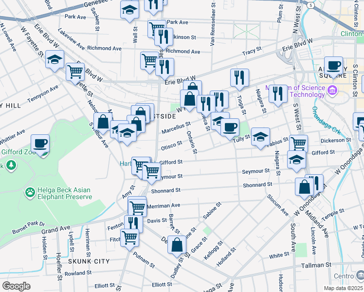 map of restaurants, bars, coffee shops, grocery stores, and more near 713 Otisco Street in Syracuse