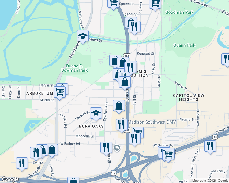 map of restaurants, bars, coffee shops, grocery stores, and more near 833 Burr Oak Lane in Madison